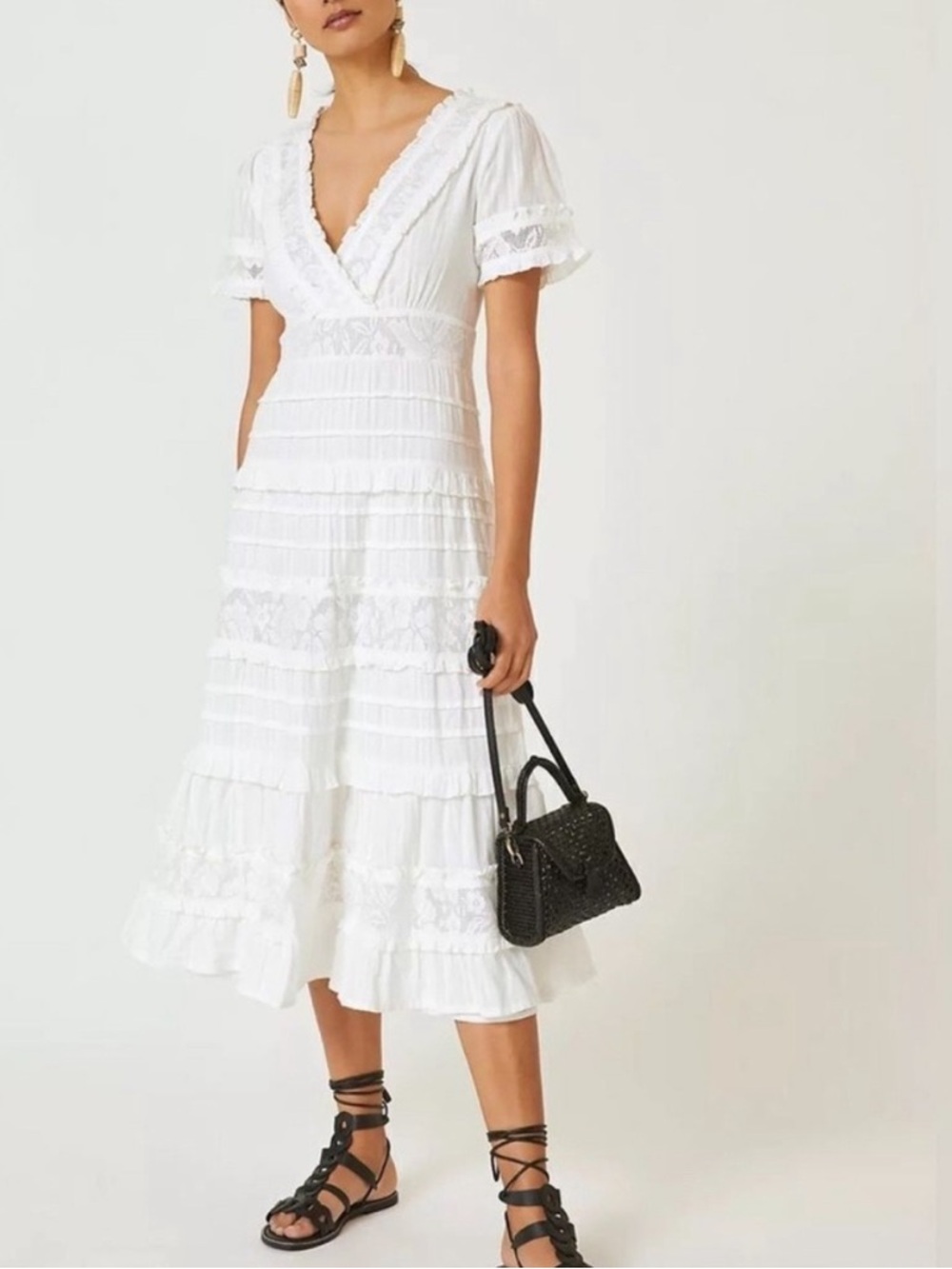 Anthropologie Love The Label White Boho Lace Tiered Ruffle Midi Dress Sz S